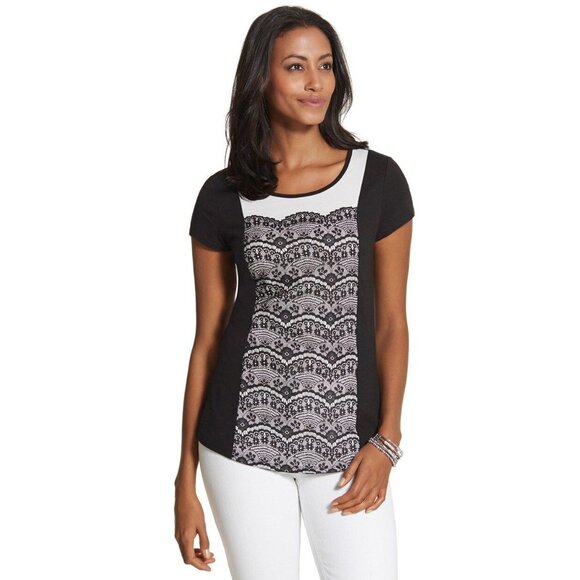 Chicos Womens Denise Lace Blouse Top Sze L Black Whit Short Sleeve High Low Boho - Picture 2 of 10